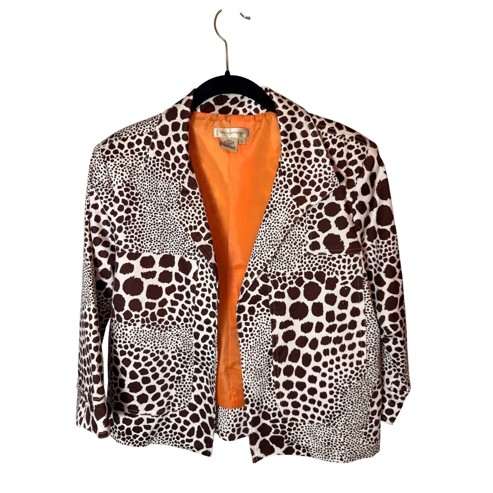 Transitions Animal Print Blazer Women L Brown White Excellent Giraffe Pattern‎